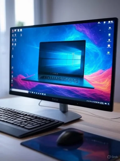 A computer monitor displaying a desktop with a floating laptop projection, keyboard, mouse, and mouse pad on a wooden desk.