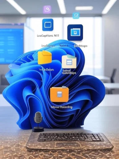 A computer setup with a large, abstract blue digital art display featuring file icons, in a modern office environment.