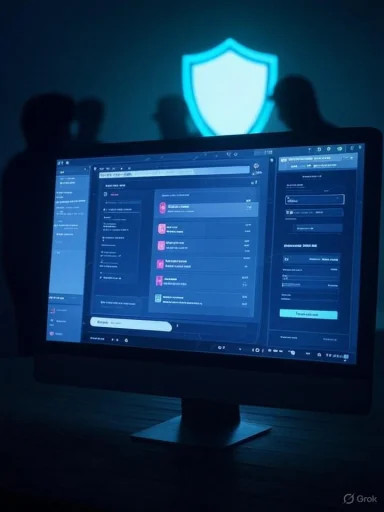 A computer monitor displaying a cybersecurity or data management interface, with shadowed figures and a shield symbol in the background. A computer monitor displaying a cybersecurity or data management interface, with shadowed figures and a shield symbol in the background.