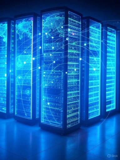 A row of illuminated server racks with digital world maps and data connections projected on the front panels.