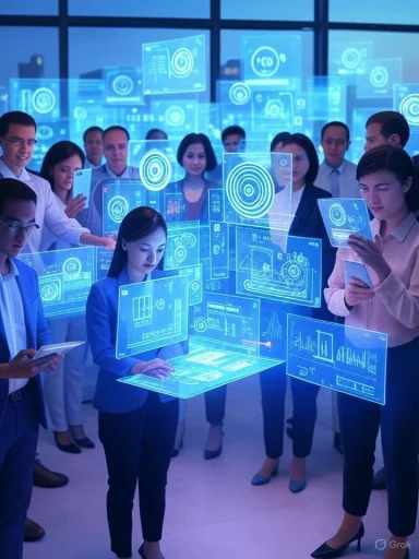 Team analyzing holographic data displays in a futuristic office setting.