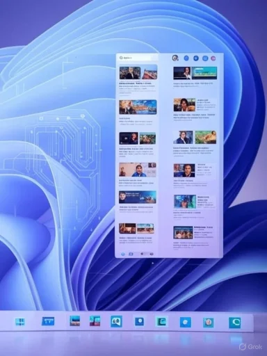 A computer screen displays a layered, futuristic digital design with a media or news app open in the center.