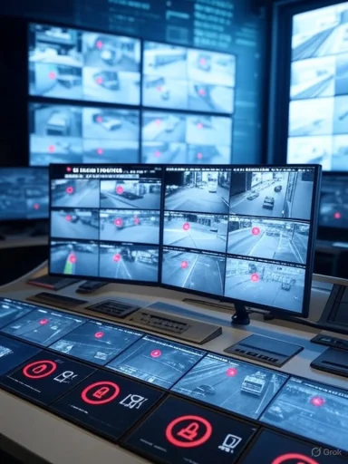 Security monitoring room with multiple screens displaying live feeds from surveillance cameras.