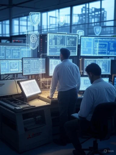 Two professionals work at multiple computer screens displaying cybersecurity data in a high-tech control room.