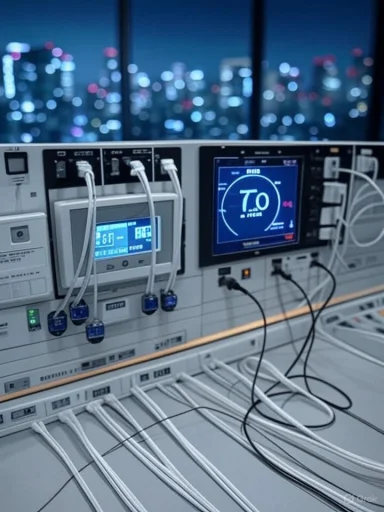 Healthcare monitoring equipment placed on a table with a blurred cityscape in the background.