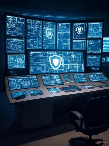 A high-tech security command center featuring multiple digital screens displaying security data and shield icons.