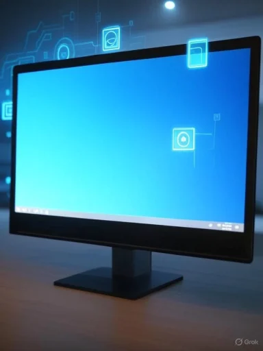 A computer monitor displays a blue screen with digital icons, set in a modern office environment.