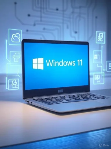 A laptop displaying Windows 11 logo against a high-tech digital background with icons.