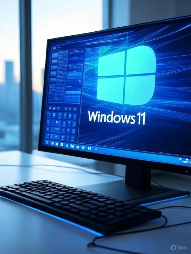 A computer monitor displays the Windows 11 logo with a glowing, tech-themed background, on a clean desk setup.