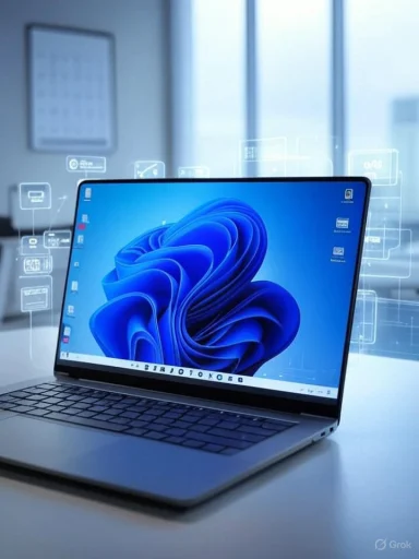 A sleek laptop displaying a blue abstract design on its screen, with digital icons floating around in a modern office setting.