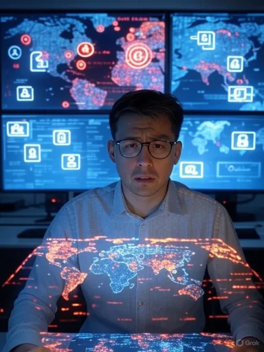 A man in glasses looks confused in front of holographic digital maps displaying global security and data icons.
