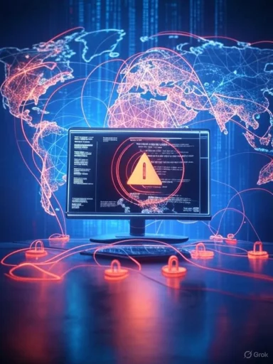 Global cyberattack alert displayed on a computer with world map and interconnected networks in the background.