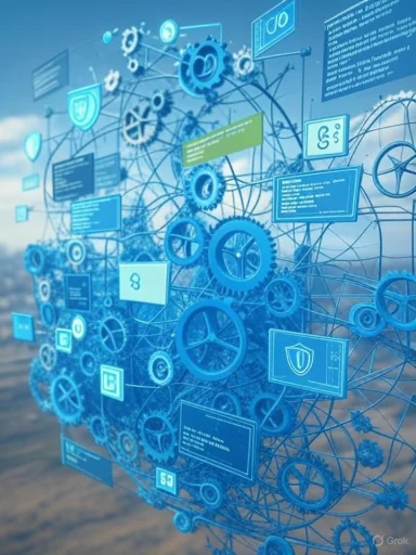 A digital, interconnected network of gears, icons, and information displays representing technology and data systems.