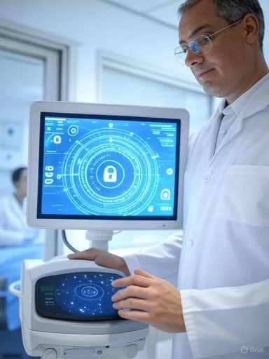 A scientist in a lab operates a high-tech device with a digital interface displaying security and data graphics.