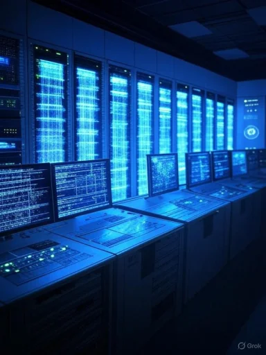 A high-tech control room with multiple monitors displaying data and server racks emitting blue light.