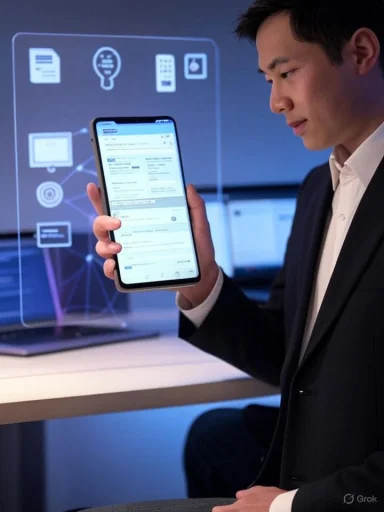 A businessman interacts with a mobile device displaying a digital document, with futuristic holographic icons and charts in the background.