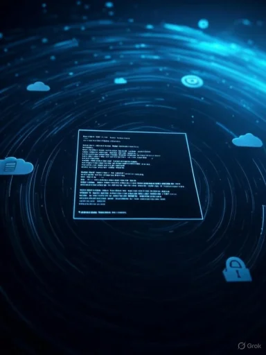 Digital data surrounded by cloud icons and security locks, representing cloud computing and data security.