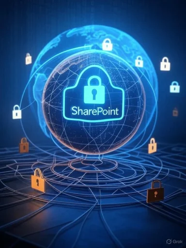 A digital illustration of a secure SharePoint cloud surrounded by interconnected padlocks, symbolizing cybersecurity and data protection.