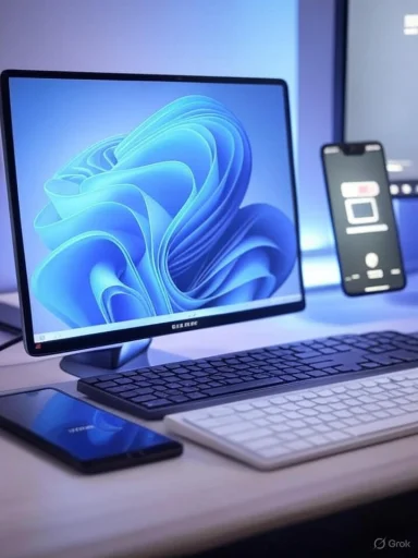 A workspace with a desktop monitor, keyboard, smartphone, and a second device, illuminated by a cool blue light. A workspace with a desktop monitor, keyboard, smartphone, and a second device, illuminated by a cool blue light.
