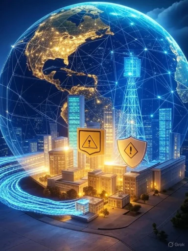 A futuristic cityscape with glowing skyscrapers, digital security icons, and a global network overlay symbolizing cyber protection.