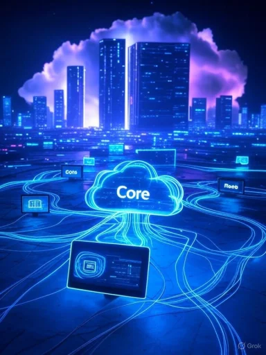 A digital cityscape with neon blue cables and glowing screens connecting to a central cloud labeled 'Core' against a futuristic urban background. A digital cityscape with neon blue cables and glowing screens connecting to a central cloud labeled 'Core' against a futuristic urban background.