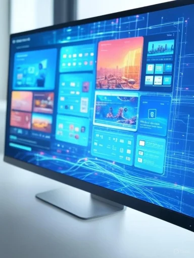 A computer monitor displays a digital interface with multiple colorful dashboards and graphical data visualizations.