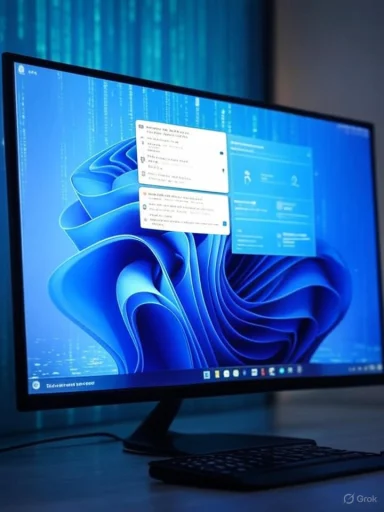 A computer monitor displays the Windows 11 desktop with notification and system information overlays.