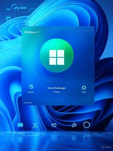 The image displays a Windows 11 user login screen with a blue swirling background and icons at the bottom.