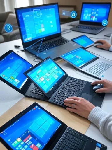 Multiple laptops and tablets displaying the Windows start screen are arranged on a desk during a tech meeting.