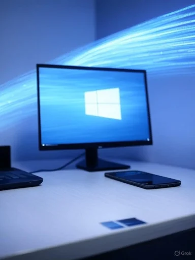 A computer monitor displaying the Windows logo, with a smartphone and laptop on a white desk under blue lighting.