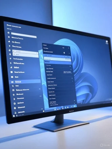 A computer monitor displays a settings menu with a blue background, tilted slightly to the left.