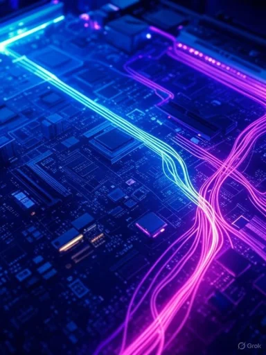 Futuristic digital circuit board with glowing blue and pink circuit lines.