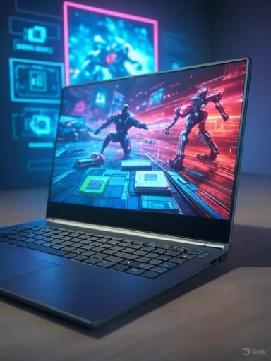 A sleek laptop displaying a futuristic cyberpunk game with robots and neon lights, set against a tech-inspired background.