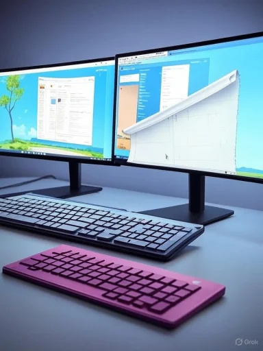 One keyboard with a pink cover and another standard black keyboard on a desk with dual monitors, one displaying a map and the other documents.