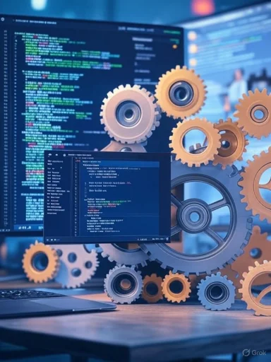 Digital gears and coding screens symbolize software development and technological innovation.