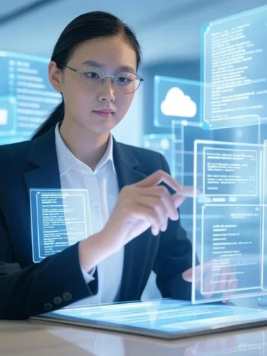 A woman in business attire interacts with futuristic virtual holographic data displays.