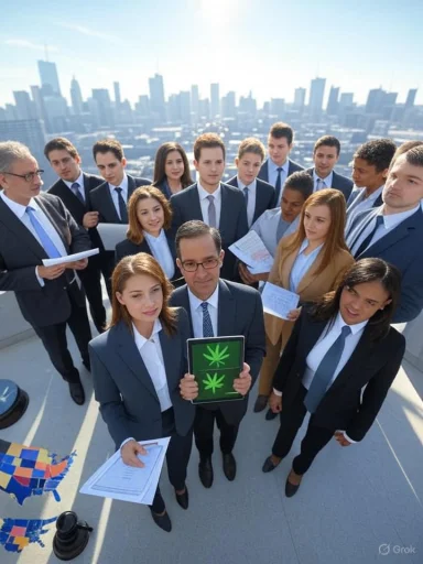 Businesspeople on a rooftop, with one holding a tablet displaying marijuana leaves, against a city skyline. Businesspeople on a rooftop, with one holding a tablet displaying marijuana leaves, against a city skyline.
