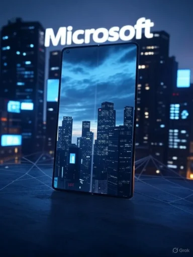 A cityscape reflects on a smartphone screen with a Microsoft logo in a futuristic, tech-inspired setting.