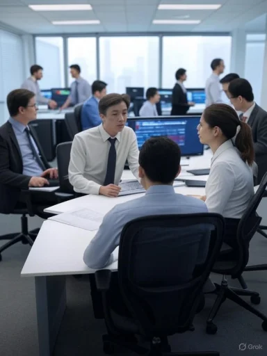 Business professionals discuss around a table in a modern office with multiple screens and colleagues working in the background. Business professionals discuss around a table in a modern office with multiple screens and colleagues working in the background.