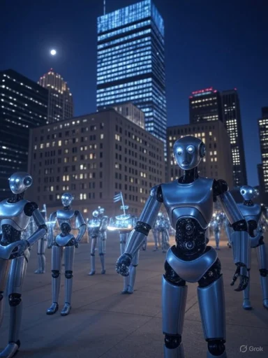 Group of humanoid robots standing in a city square at night with tall buildings and a full moon in the background.