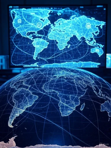 Digital global connectivity visualization with illuminated world maps and network lines.