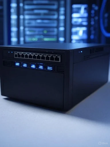A black network server or storage device with blue indicator lights in a data center.