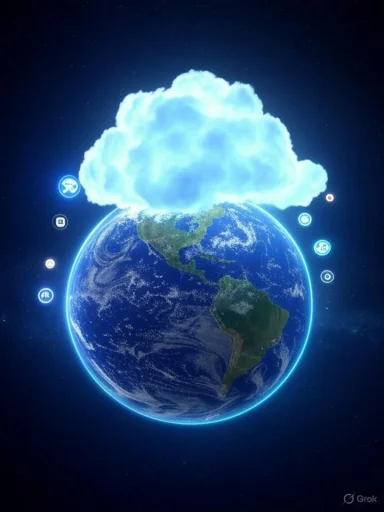 Earth with a large cloud and various digital icons floating around in space.