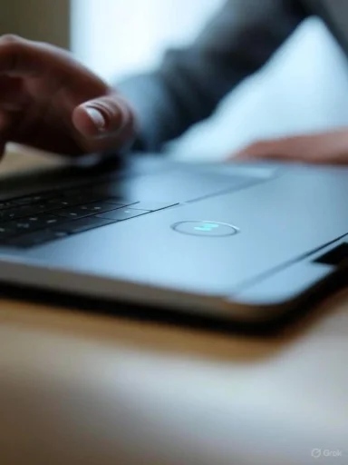 A person is using a laptop, with their hand near the keyboard, in a well-lit indoor setting.