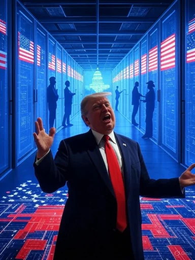 A digitally manipulated image of Donald Trump singing or speaking passionately in a futuristic, digital-themed hallway with US flags.