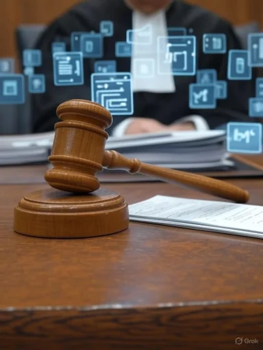 A judge's gavel on a courtroom table with legal documents and digital icons in the background.