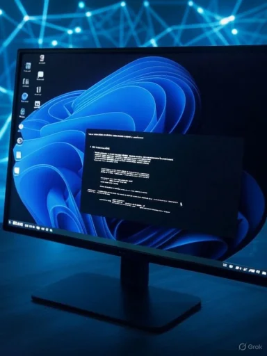 A computer monitor displaying a Windows desktop with a black command prompt window open, illuminated in a dark room.