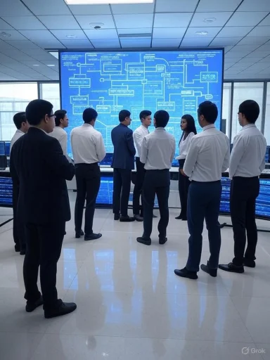 A group of professionals in business attire analyze a large digital flowchart on a bright conference screen.
