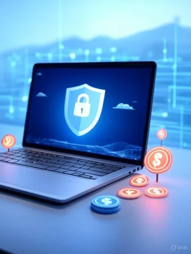 A laptop showing a security shield with a lock, surrounded by digital symbols representing cybersecurity and data protection.
