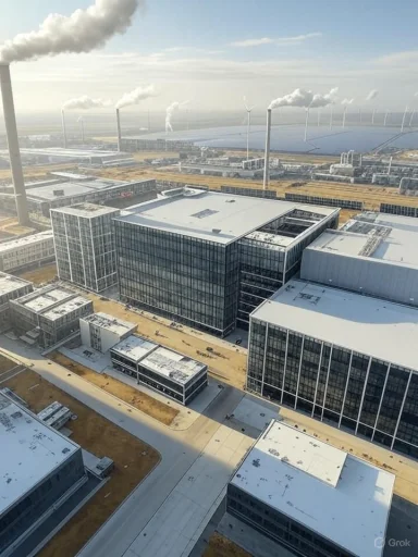 An industrial complex with multiple modern buildings and wind turbines under a cloudy sky.